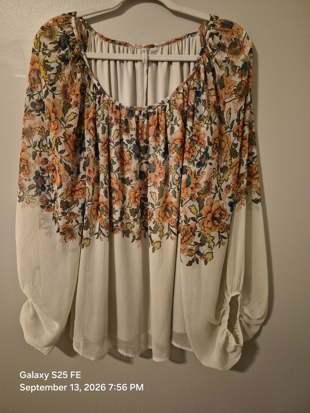 Cato Cream Peasant Blouse with Orange & Blue Floral Print